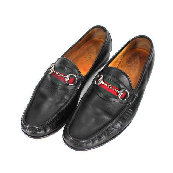 GUCCI Black Leather Web Silver Horsebit Loafers 11 Slip On Italian Almond Shoes - Picture 2 of 7
